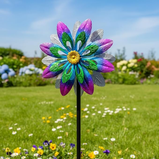 360°Metal Wind Spinner Outdoor,13”Double Wind Sculptures Garden Pinwheels with Metal Stak,Waterproof Pinwheels Large Wind Spinner for Yard and Garden（Purple）
