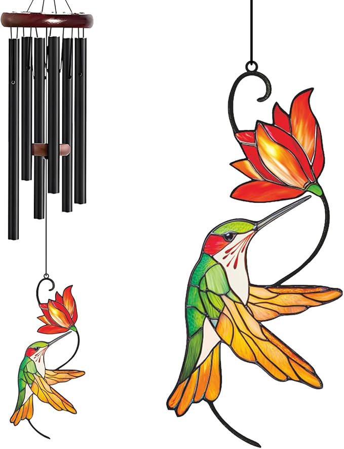 Personalized Metal Wind Chime Garden Sign, 40 Inch Outdoor Colorful Bird & Flower Memorial Decor, Yard Hanging Plaque for Patio Porch Lawn (JSTY382)