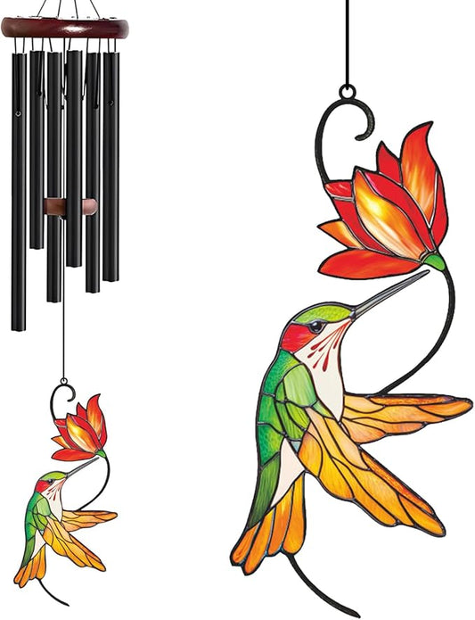 Personalized Metal Wind Chime Garden Sign, 40 Inch Outdoor Colorful Bird & Flower Memorial Decor, Yard Hanging Plaque for Patio Porch Lawn (JSTY382)