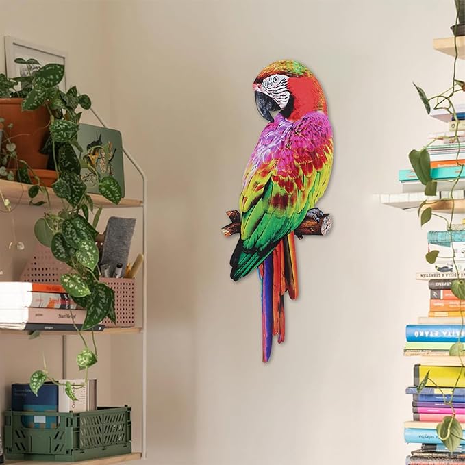 Didiseaon Colorful Tropical Macaw Wall Sculpture Parrot on Branch Statues Metal Art Hanging Ornament for Outdoor Garden Kitchen Decor