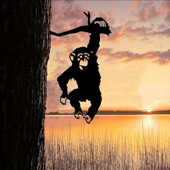 FJXQTCXD Hanging Monkey Tree Stump Plug-in Art Silhouette Metal Wall Art Home Garden Yard Patio Outdoor Statue, Yard Art Decor