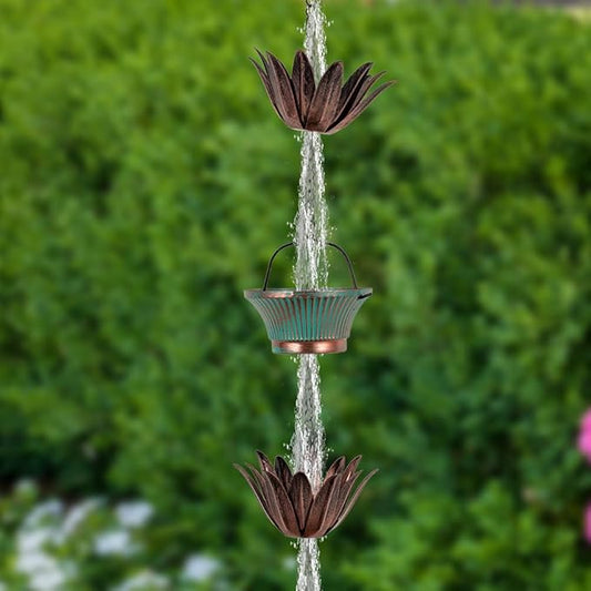 9.8FT Lotus Rain Chains for Outside, Rain Gutter Chain with 16 Cups, Adjustable Rain Catcher Chain for Eaves Drainage, Replacement for Downspout