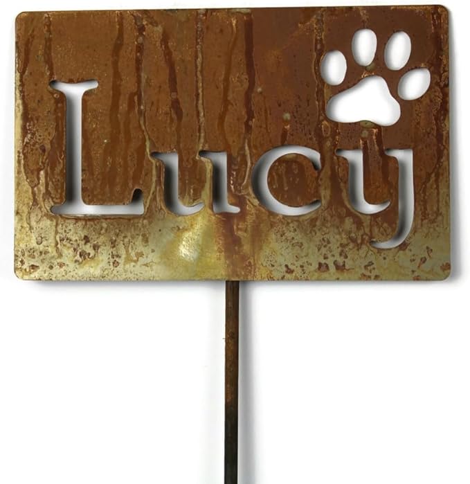 Classic Metal Garden Markers Clearance Items 20 to 33 Inches Tall (Lucy + paw print, Naturally Rusted)