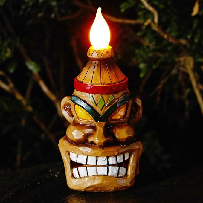 Outdoor Solar Tiki Statue Decor - Tiki Bar Decoration - Torch Tiki Head Statues for Patio, Yard, Backyard, Lawn, Garden Gift, Garden Tiki Figurine 8.74 Inch Tall
