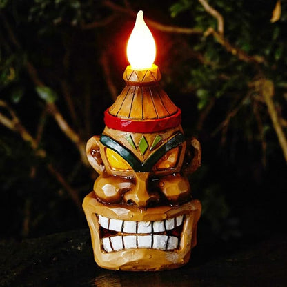 Outdoor Solar Tiki Statue Decor - Tiki Bar Decoration - Torch Tiki Head Statues for Patio, Yard, Backyard, Lawn, Garden Gift, Garden Tiki Figurine 8.74 Inch Tall