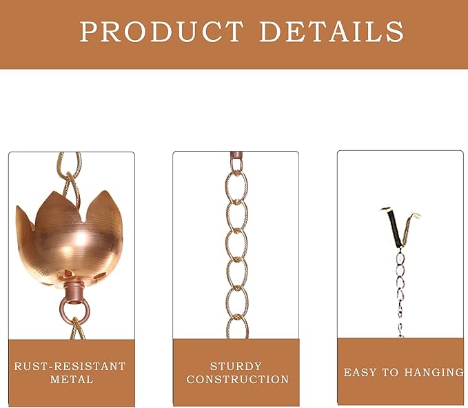 Topadorn Rain Chains Lotus Decor 8.5 Feet Rain Chain with 11 Tulip Shaped Copper Cups, Mental Antique Gold Rain Chain Basin Downspout