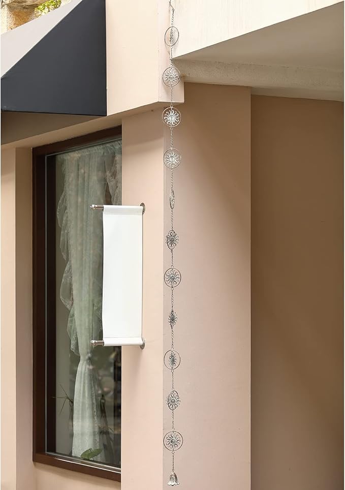 Sun Face Rain Chains, 8.5 Feet Length, Rain Gutter Chains, Functional and Decorative Replacement for Gutter Downspouts, Metal Loop Rain Catcher Chain, Rain Chains for Outside Garden Balcony Porch