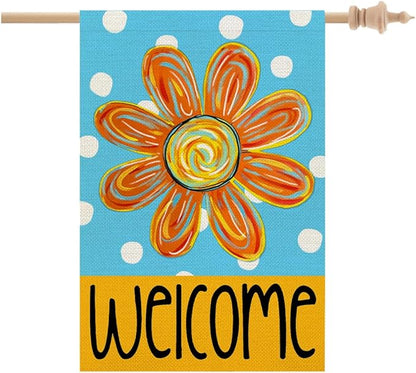 CROWNED BEAUTY Summer Floral House Flag Double Sided 28x40 Inches Large Burlap Seasonal Welcome Yard Porch Decoration for Outside (Blue) CF1838-40
