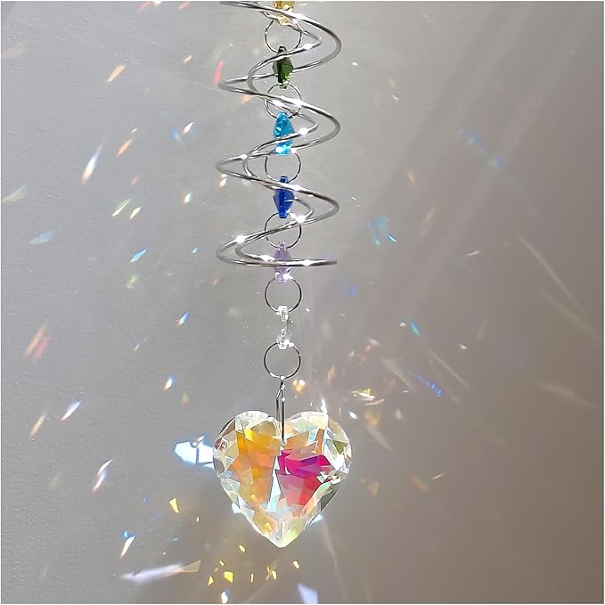 Big Heart Crystal Sun Catchers for Windows Hanging, Double-Spiral Design Gazing Ball Spiral Tail, Rainbow Maker Prism, Sun Catchers Indoor Window for Kitchen, Patio, Porch, Garden(AB-Silver)