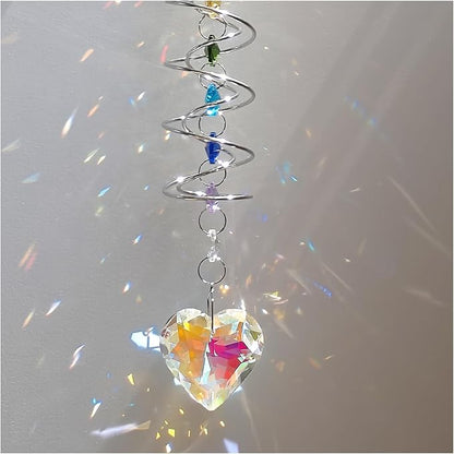 Big Heart Crystal Sun Catchers for Windows Hanging, Double-Spiral Design Gazing Ball Spiral Tail, Rainbow Maker Prism, Sun Catchers Indoor Window for Kitchen, Patio, Porch, Garden(AB-Silver)