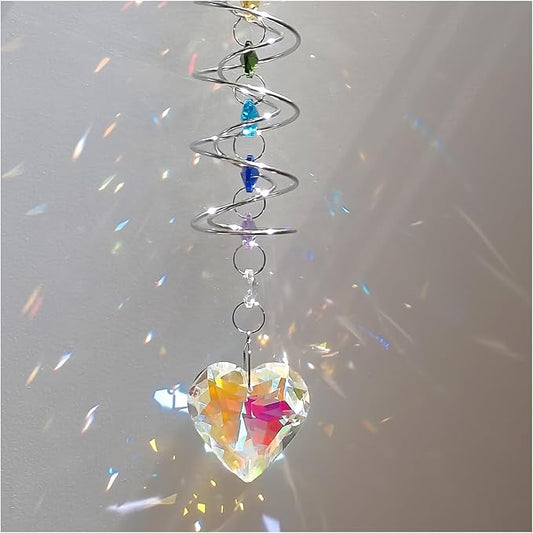 Big Heart Crystal Sun Catchers for Windows Hanging, Double-Spiral Design Gazing Ball Spiral Tail, Rainbow Maker Prism, Sun Catchers Indoor Window for Kitchen, Patio, Porch, Garden(AB-Silver)