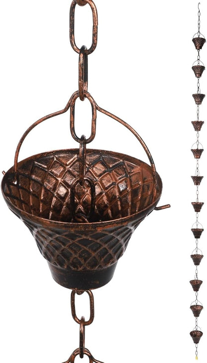 Copper Rain Chain, Decorative Gutter Downspout, 8.5 Ft with 12 Cups, Weather-Resistant Garden Water Diverter for Outside