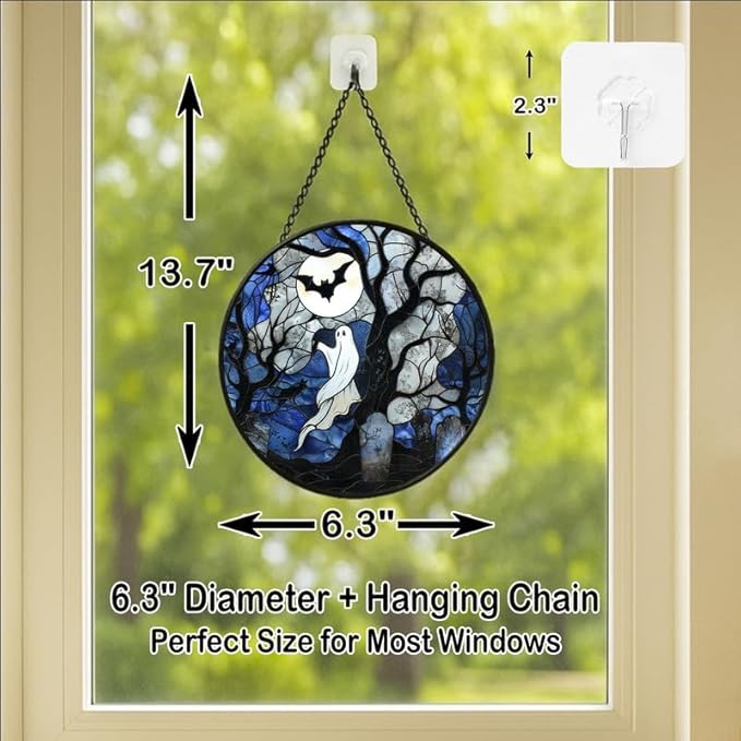 Stained Glass Window Hanging - 6.3in Spirits, Cat and Full Moon Graveyard Scene Sun Catchers Panel for Indoor Decorative Display for Mom, Wife, Lovers, Festive