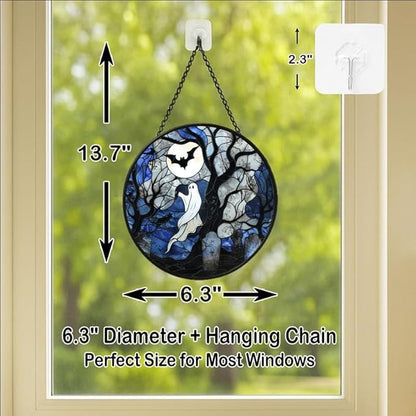 Stained Glass Window Hanging - 6.3in Spirits, Cat and Full Moon Graveyard Scene Sun Catchers Panel for Indoor Decorative Display for Mom, Wife, Lovers, Festive