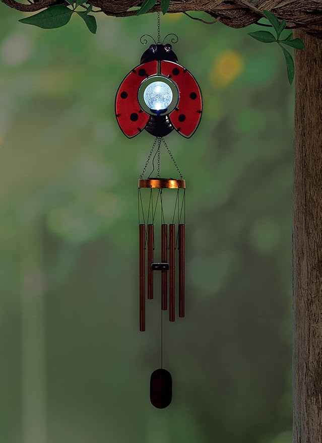 Sunset Vista Designs Collection Solar Wind Chime, Ladybug, 7.48" x 4.33" x 38"