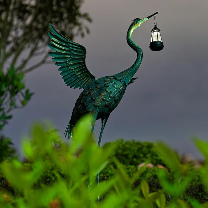 DREAMSOUL Heron Garden Statues 40.5 Inch Tall Crane Bird Statue, Standing Solar Outdoor Statues for Patio Pool Lawn Decoration
