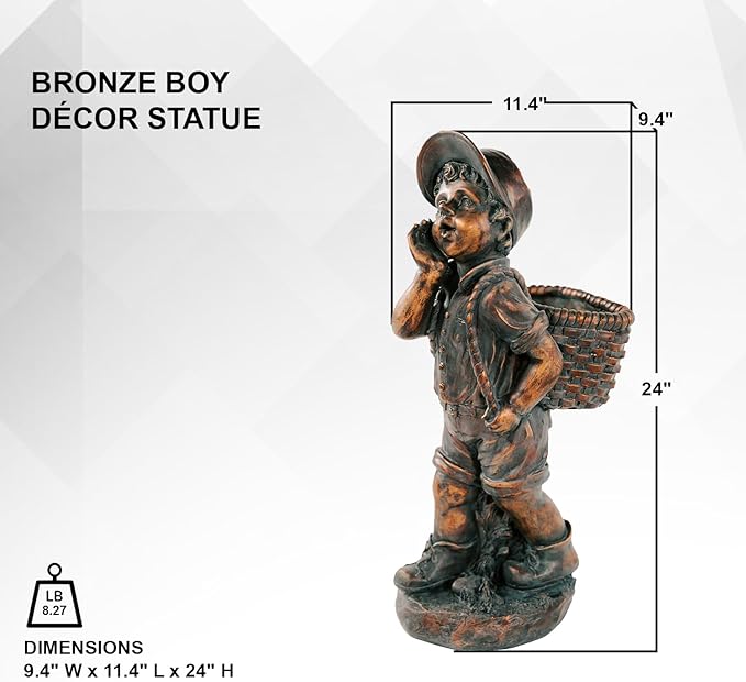 XBrand 24" H Faux Bronze Magnesium Oxide Walking Boy Garden Statue w/Small Flower Plant Pot, Outdoor Décor, Natural Design Sculpture