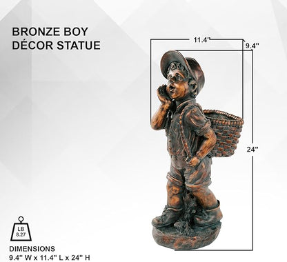 XBrand 24" H Faux Bronze Magnesium Oxide Walking Boy Garden Statue w/Small Flower Plant Pot, Outdoor Décor, Natural Design Sculpture