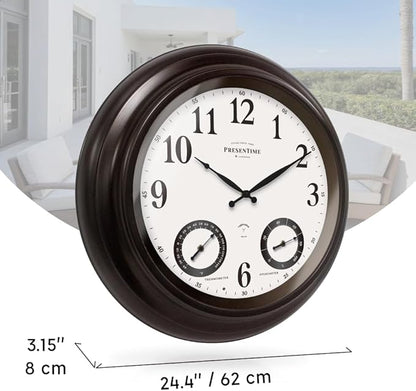 PresenTime & Co 24" Jameson Illuminated In/Outdoor Clock, Modern Farmhouse, Self-Illuminated, Waterproof, Weather Station (Thermometer & Hygrometer), Metal Clock, Oil Rubbed Bronze Finish(Night Light)