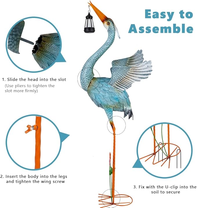 Crane Garden Statue with Solar Lantern, Large Blue Heron Outdoor Staue Garden Decor, Metal Crane Sculpture Yard Art Decor for Lawn, Backyard, Porch