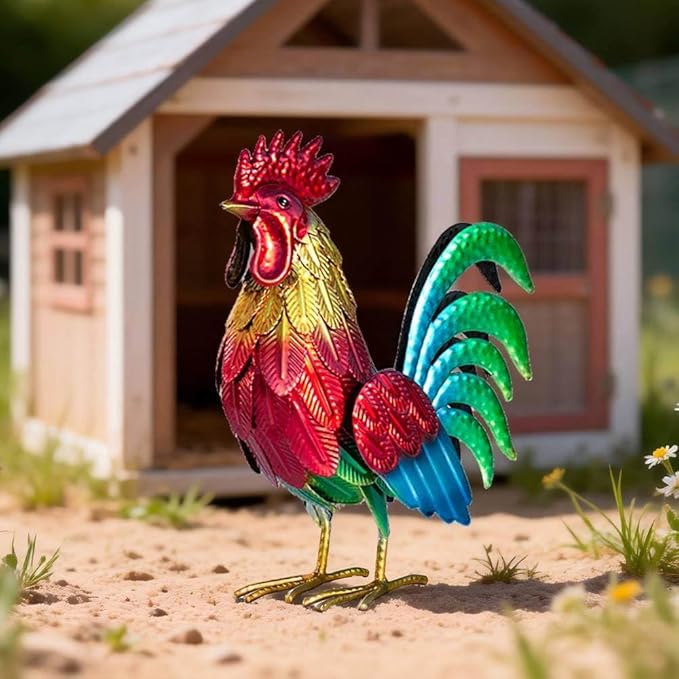 Natelf Metal Rooster Garden Statue Decor, Chicken Yard Art Standing Sculpture Lawn Ornament for Patio, Backyard, Kitchen, Home Decoration (red)