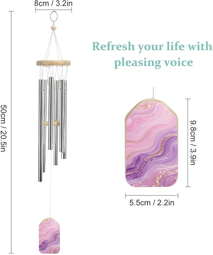 Pink Purple Marble Wind Chime 20.5 Inch, Wooden & Metal Windchime for Outdoor Garden Indoor Home Decor, Memorial Gift Wind Bell with Relaxing Sound for Patio Yard Bedroom