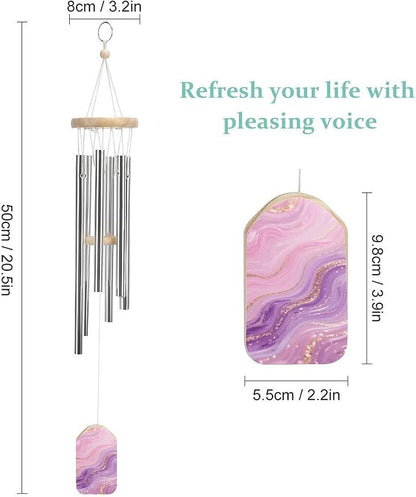 Pink Purple Marble Wind Chime 20.5 Inch, Wooden & Metal Windchime for Outdoor Garden Indoor Home Decor, Memorial Gift Wind Bell with Relaxing Sound for Patio Yard Bedroom