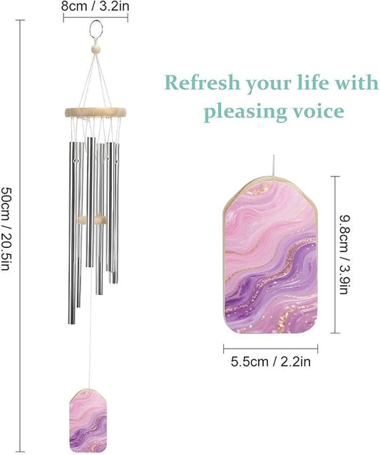 Pink Purple Marble Wind Chime 20.5 Inch, Wooden & Metal Windchime for Outdoor Garden Indoor Home Decor, Memorial Gift Wind Bell with Relaxing Sound for Patio Yard Bedroom