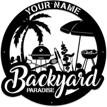 MeMate Backyard Sign Outdoor Decor, Large Metal Bar & Grill Plaque, Personalized Metal Sign for Backyard, Patio, Custom Name Signs for Porch, Deck, Housewarming Gifts for Family Friends