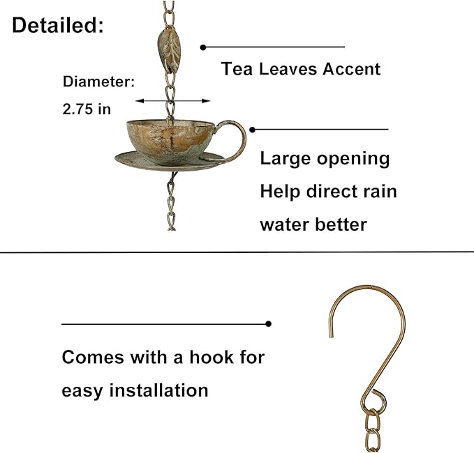 Jemeni Teapot & Teacups Rain Chain, 12 Ft Decorative Downspout Alternative, Rustic Metal Rain Water Feature with Artificially Aged Patina Finish, with Bell & 15 Hanging Cups