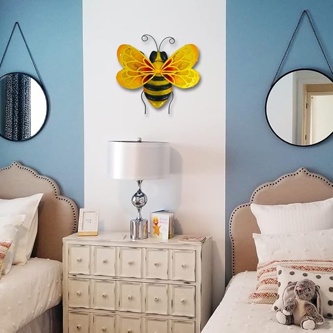 LIFFY Metal Bees Outdoor Decor, 2Pack 10 Inch Glass Bee Wall Art Sculptures for Home, Garden, Fence, Patio