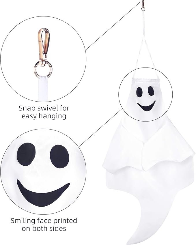 Skylety 2 Pcs 32 Inch Outdoor Halloween Ghost Decorations Tree Hanging Windsock White Flying Ghosts for Indoor Outdoor Tree Front Yard Porch Lawn Garden Pillar Party Decorations (Classic Style)
