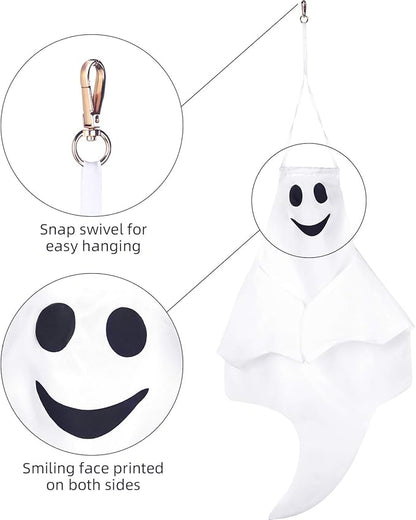 Skylety 4 Pcs 32 Inch Outdoor Halloween Ghost Decorations Tree Hanging Windsock White Flying Ghosts for Indoor Outdoor Tree Front Yard Porch Lawn Garden Pillar Party Decorations (Classic Style)