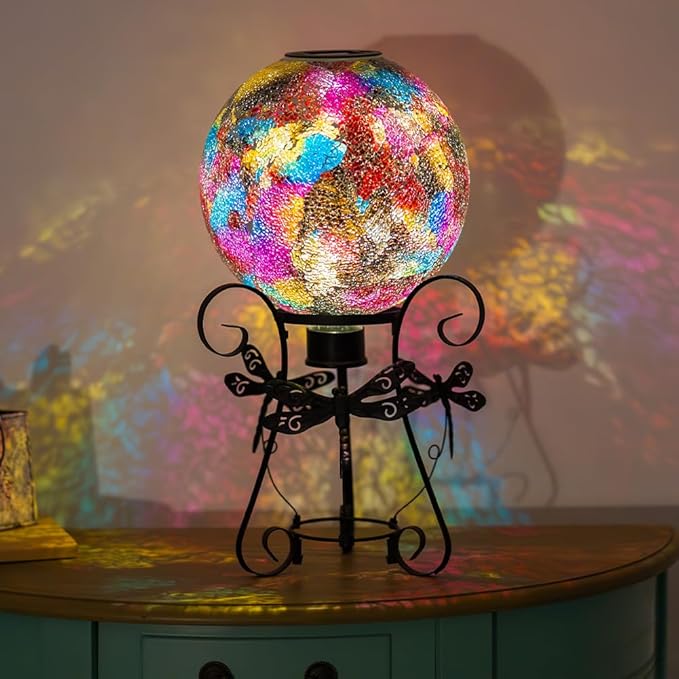 Stargarden Solar Gazing Ball, 10" Mosaic Gazing Ball,Glass Gazing Globe with Metal Stand, Decorative Solar Globes for Patio, Lawn, Garden Decor(Red)