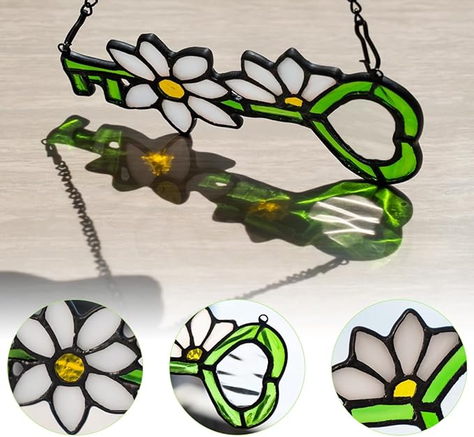 Key Decor Stained Glass Suncatcher White Flower Ornament,Artificial Floral Glass Suncatcher,Stained Glass Window Hanging Daisy Flower Gift for Women Mom Grandma
