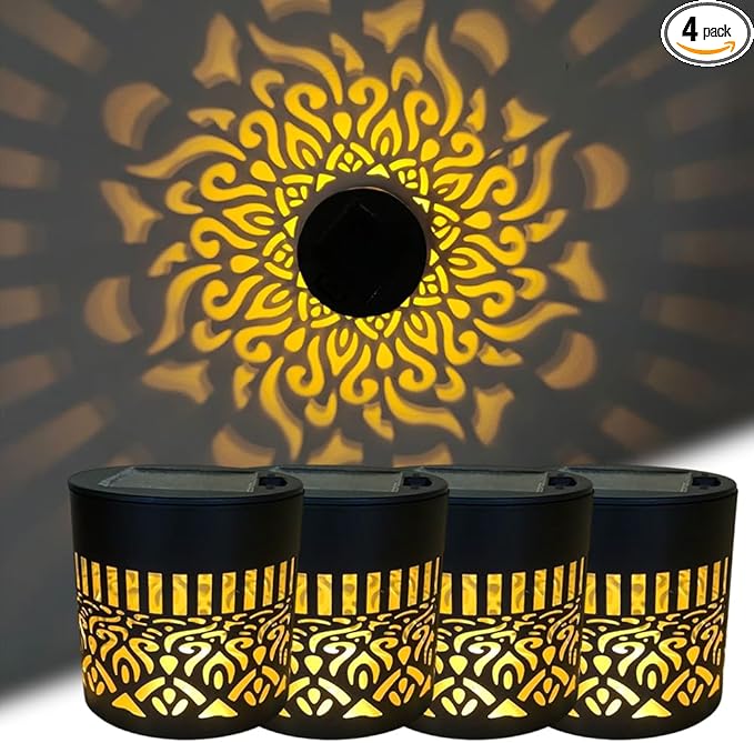 Decorative Solar Mandala Lights, Metal Solar Powered Outdoor Wall Lights Solar Powered Deck Step Stair Lights, Waterproof Mandalas Fence Light for Garden Post Patio Backyard Yard Decor (4, Mandala)