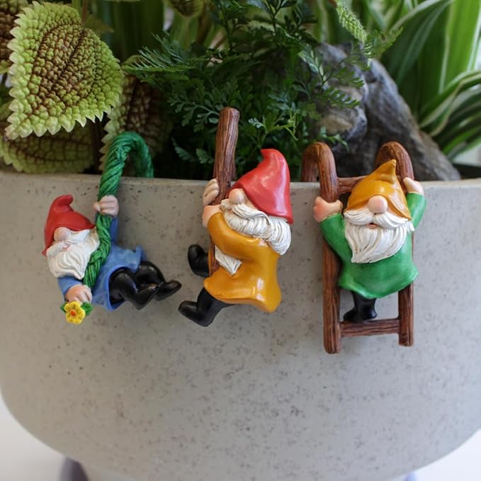 Set 3 Climbing Garden Gnomes Statue Tree Faces Decor Outdoor Yard Flower Pot Landscape Dwarf Tiny Elf Fairy Garden Micro Funny Patio Hanging Resin Figurine Accessories Clearance Deals Fence Ornaments