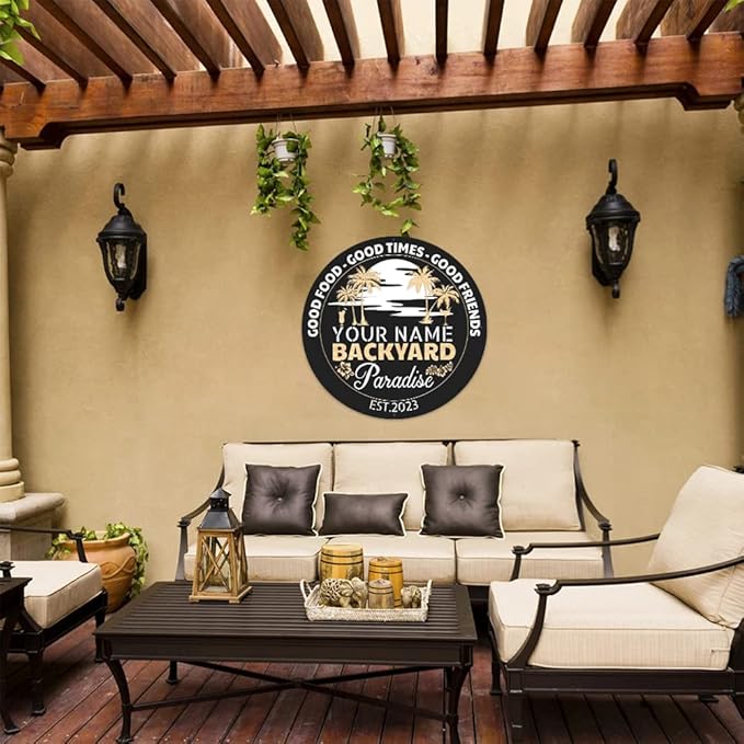 MeMate Personalized Backyard Paradise Sign - Customized Name Established Year Metal Sign for Outdoor Patio Decor, Restaurants, Farmhouse - Round Printed