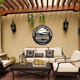 MeMate Personalized Backyard Paradise Sign - Customized Name Established Year Metal Sign for Outdoor Patio Decor, Restaurants, Farmhouse - Round Printed