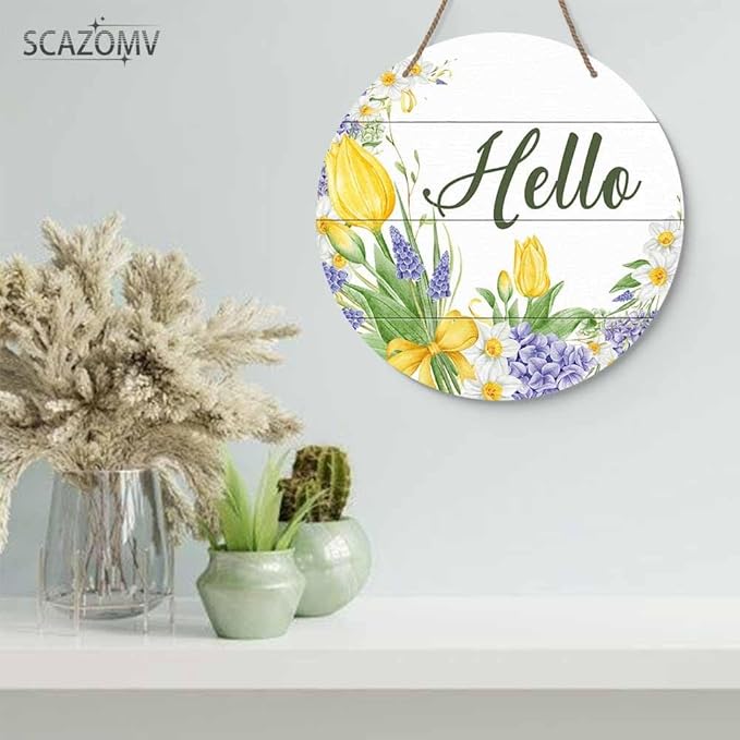Round Rustic Wood Sign Plaque Hello Tulip Flower Hand-Painted Vintage Wall Door Art Sign Cute Wooden Hanging Sign Decor for Home Kitchen Farmhouse Garden Front Door Entryway Porch 12 Inch