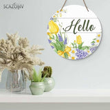 Round Rustic Wood Sign Plaque Hello Tulip Flower Hand-Painted Vintage Wall Door Art Sign Cute Wooden Hanging Sign Decor for Home Kitchen Farmhouse Garden Front Door Entryway Porch 12 Inch