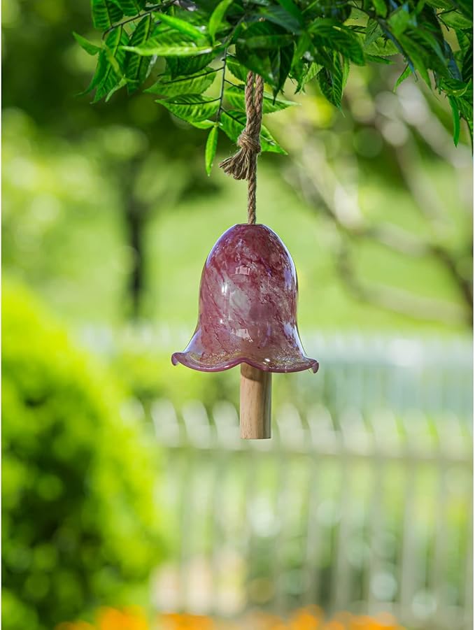 Evergreen Colorful Art Glass Bell Wind Chime | Pink| Solid Wood Striker | Natural Deep Tone | 7 Inches Tall | Beautiful Gift for Patio, Garden, Outdoor Home décor
