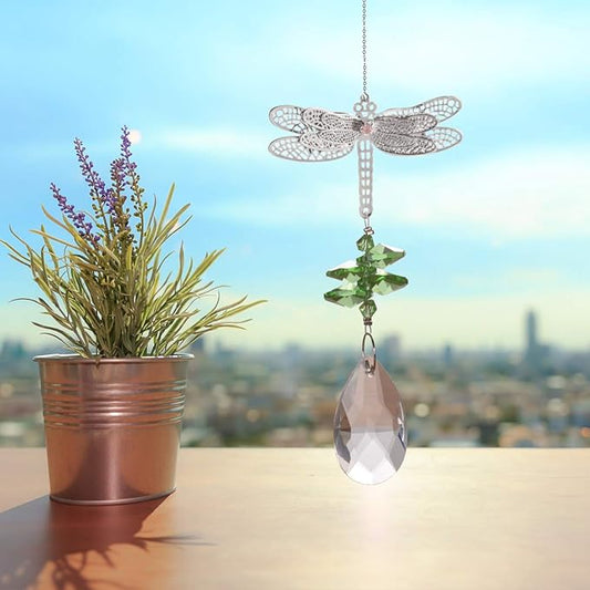 WEISIPU Crystal Suncatcher Prism - Dragonfly Suncatchers for Windows Hanging Rainbow Maker, Christmas Tree Decor, K9 Crystal Metal Ornament, Gifts (Green)