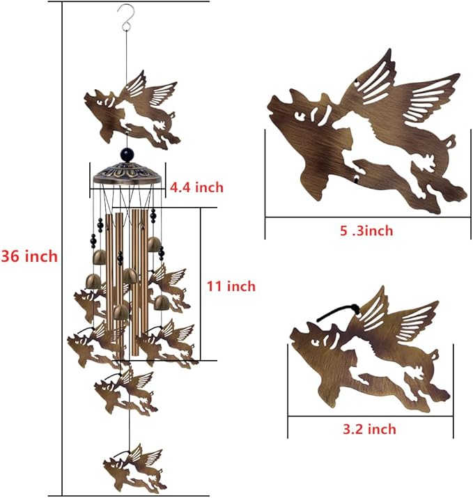 37" Flying Pigs Wind Chimes Outdoor Decor - with 6 Bells 7 Pigs Wind Chimes, Mobile Romantic Fly Pigs Wind Catcher, Bronze Pig Wind Bells for Home, Mom Gifts, Balcony, Tree, Festival Garden Decoration