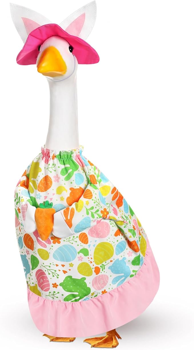 FuWeave Easter Bunny Goose Outfit Easter Egg Porch Goose Costume for Cement Plastic Geese Statue Spring Outdoor Garden Yard Patio Decoration(Pink White,23 Inches,Carrot)