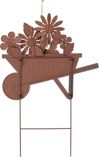 Glitzhome Metal Garden Stake Decor, Spring Yard Art Cart with Lifelike Flower or Wall Decor, Flower Barrow Stake Yard Sign Garden Decor for Outside, 30” H