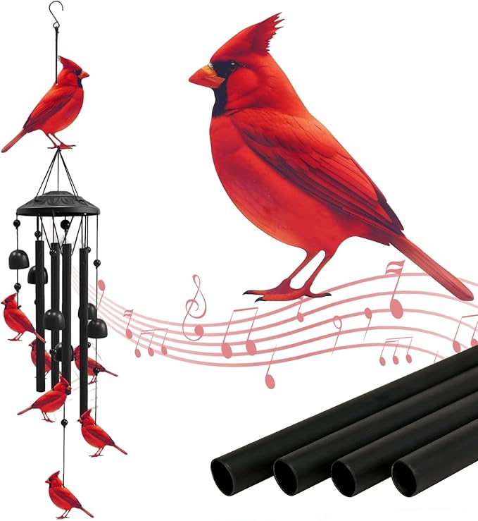 AVEKI Metal Cardinal Wind Chimes for Outside, Cardinal Gifts for Women Mother's Day Birthday Christmas, Black Wind Chime with 7 Cardinal Birds, Outdoor Windchimes Decor for Garden Patio (Red Cardinal)