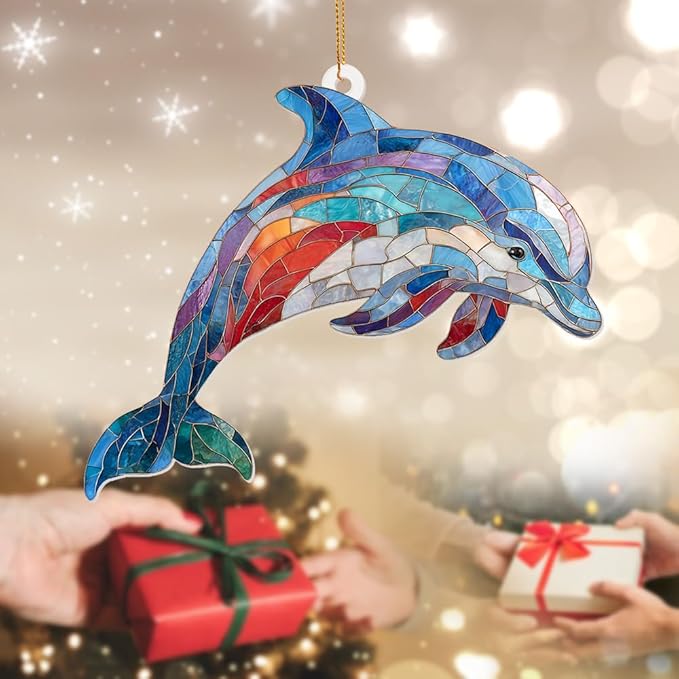 Dolphin Stained Glass Ornament, Ocean Marine Life Window Hanging Suncatcher Acrylic Decor, Nautical Animal Ornament for Home, Car Mirror, Beach House, Collectible Gift for Dolphin Lovers(Sun-08)