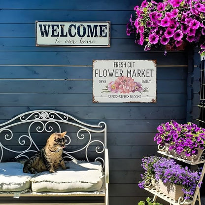 YOYI ART Fresh Cut Flowers Sign - Vintage Farmers Market Decor, Flower Shop Metal Tin Sign for Garden, Home, Cave Garage Bar Art Plaque Wall Decoration, 12 x 8 inch