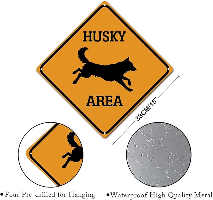 Husky Area Xing Caution Crossing Sign Husky Dog Metal Tin Sign Warning Sign Novelty Road Fence Yard Wall Decor For Indoor Outdoor Man Cave Highway 15x15in
